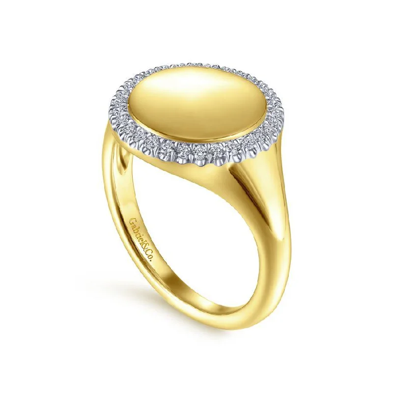 Ladies Rings with Vibrant Stones-Gabriel & Co. - LR51521Y45JJ - 14K Yellow Gold Pinky Signet Ring with Diamond Halo