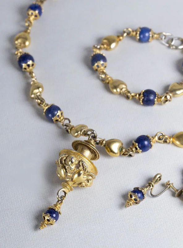 Ladies moonlit shimmer earrings -Complete Set of Vintage Costume Gold Necklace, Bracelet and Earrings with Lapis