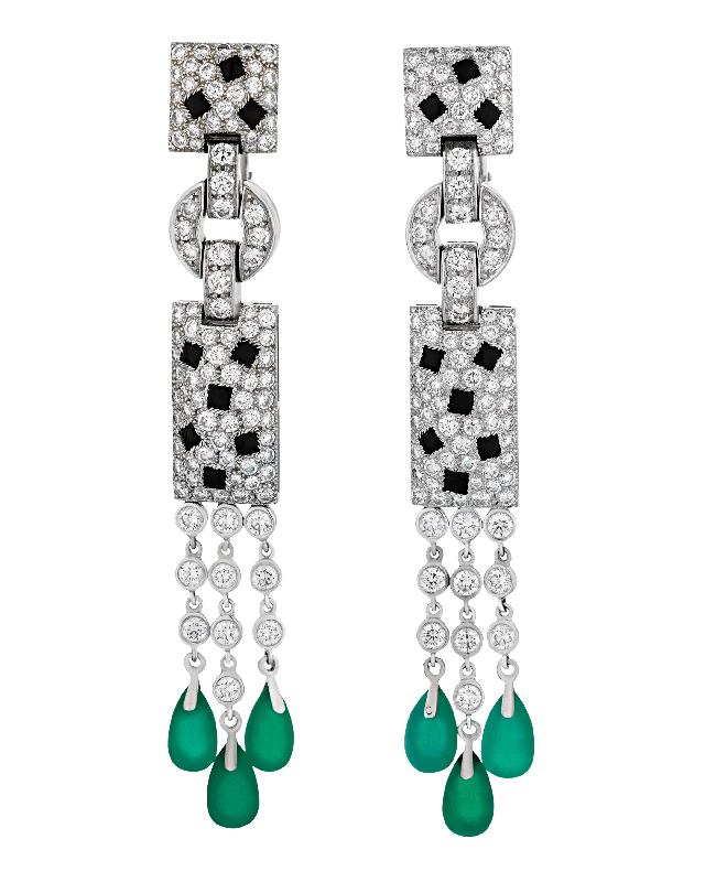 Ladies shimmering flash earrings -Cartier Panthère Diamond, Onyx and Emerald Drop Earrings