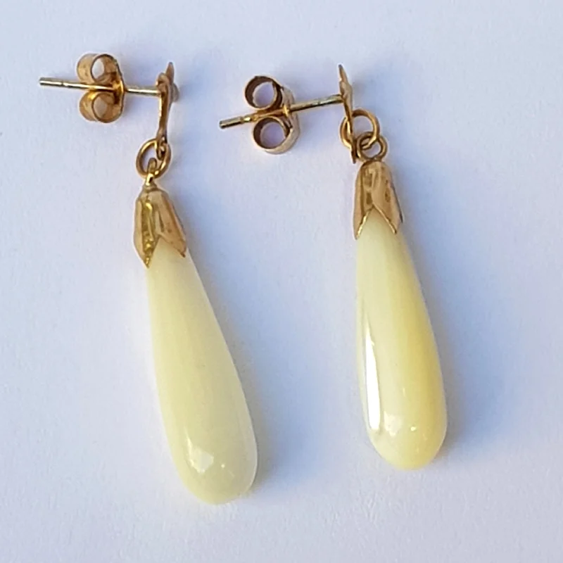 Ladies hushed calm earrings -9k 9ct Gold Fleur Dy Lys Mounted Pair of Carved Tear Drop Mother Of Pearl Earrings Vintage Circa 1950's