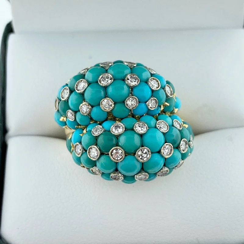 Ladies Rings with Silver Glow-Turquoise and Diamond Bypass Ring