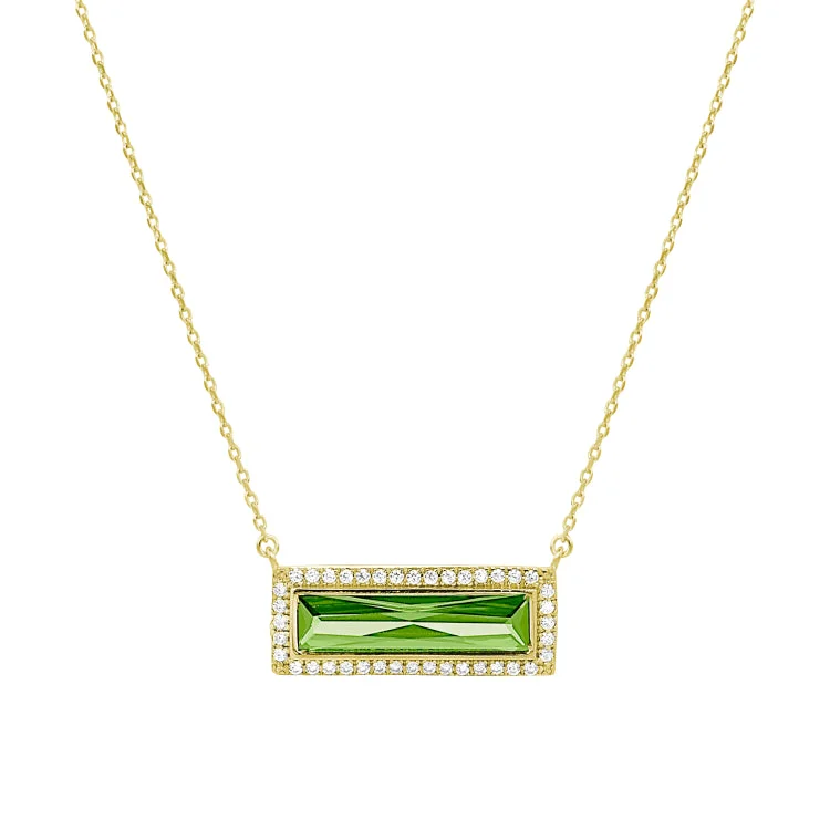 Ladies Necklaces with Mint Serpentine-Gold Finish Sterling Silver Necklace with Rectangular Simulated Peridot Stone and Simulated Diamonds on 16" - 18" Chain