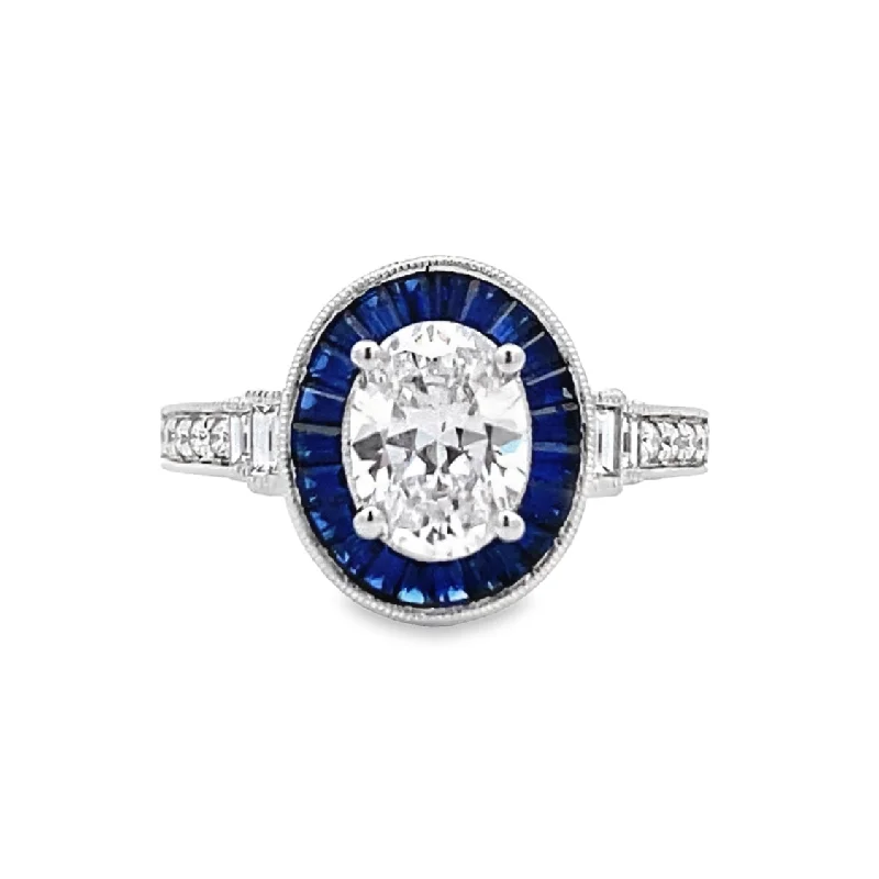 Ladies Simple Charm Engagement Rings -Oval Diamond Sapphire Halo Engagement Ring in White Gold by Simon G