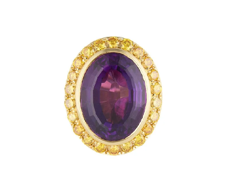 Ladies Rings for Lawyer Glow-15.0ct Oval Amethyst and 2.30ctw Yellow Diamond Frame Ring in 18K