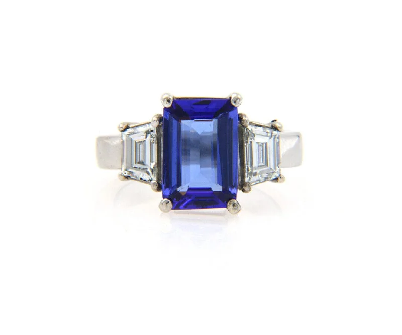 Ladies Rings Classic Glow-3.20ct Emerald Cut Tanzanite and 1.50ctw Trapezoid Diamond Ring in 14K