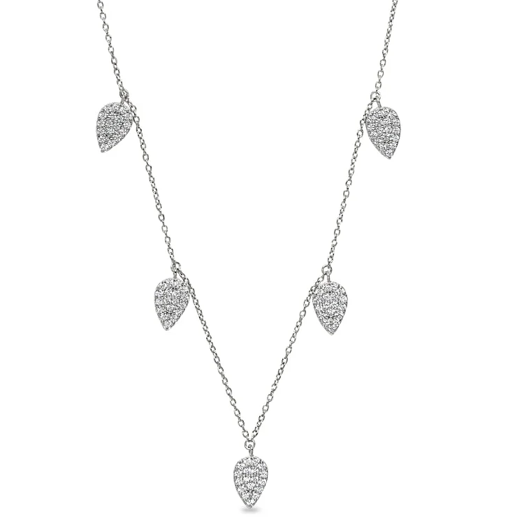 Ladies Necklaces with Heart Glow-Platinum Finish Sterling Silver Micropave 5 Floating Leaves Necklace with Simulated Diamonds on 16"-18" Adjustable Chain