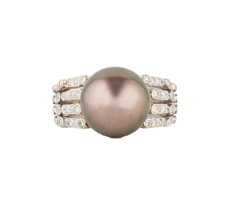 Ladies Rings for Nurse Spark-12.5MM Black Tahitian Pearl and 0.50ctw Diamond Four Row Ring in 18K