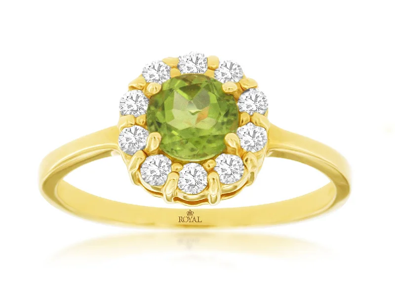 Ladies Rings with Clear Zircon-Yellow Gold Round Peridot with Diamond Halo Ring