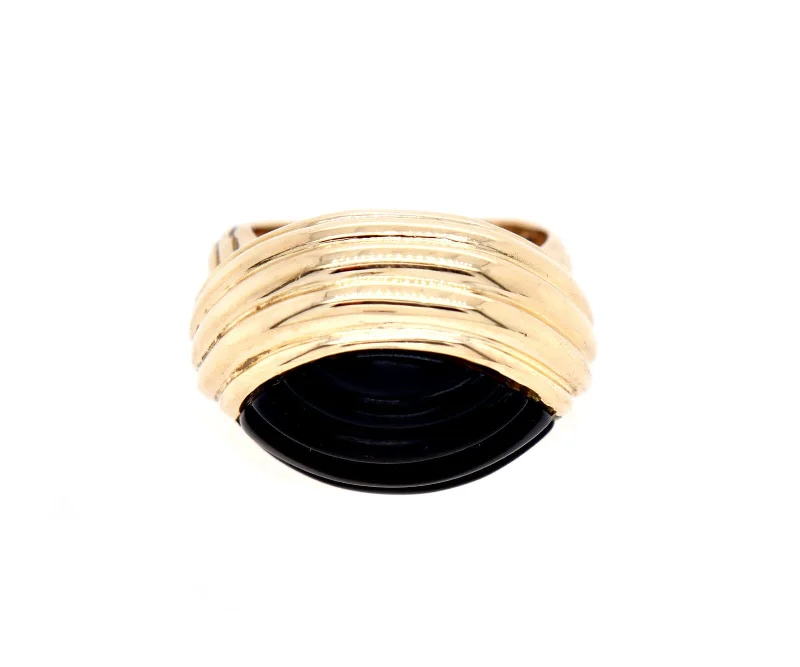 Ladies Rings for Elder Spark-Carved Black Onyx Wave Style Ring in 14K