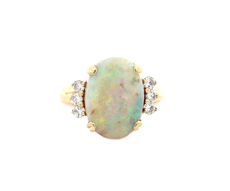 Ladies Rings for Beach Spark-2.75ct Oval Opal and 0.18ctw Diamond Ring in 14K