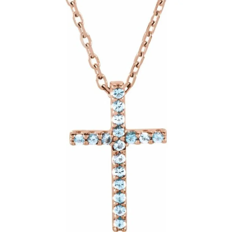 Ladies Necklaces for Daily Glow-14K Rose Natural Aquamarine Petite Cross 16" Necklace