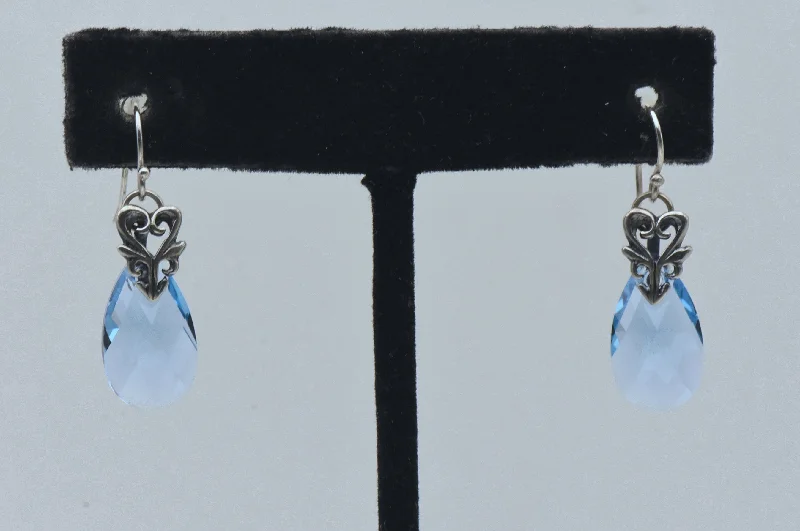 Ladies anniversary gleam earrings -Vintage Blue Faceted Glass Teardrop Sterling Silver Earrings