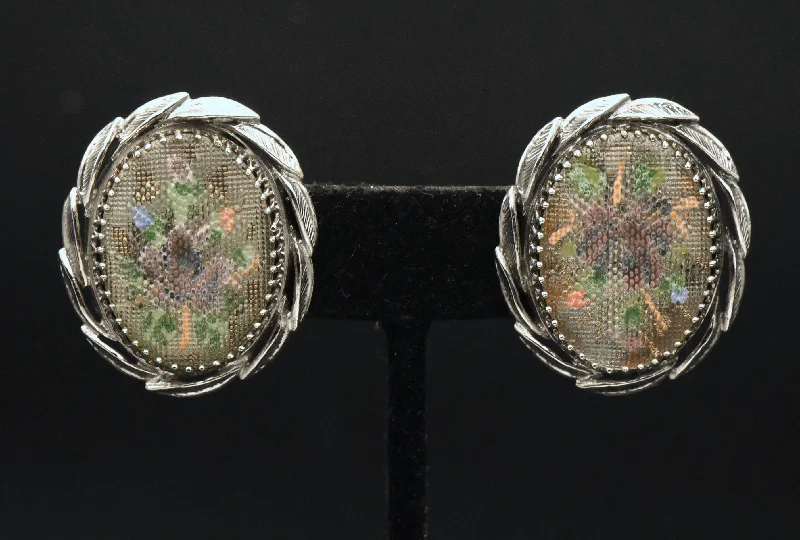 Ladies versatile drop earrings -Whiting & Davis - Vintage Embroidery Style Floral Clip On Earrings