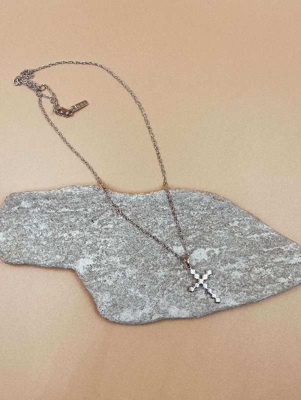 Ladies Necklaces with Royal Lapis-Dori Cross Necklace in Silver Tone