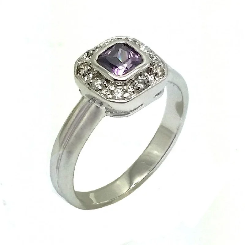 Ladies Matched Pair Engagement Rings -Silver 925 Rhodium Plated Purple Center Clear Cluster CZ Bridal Engagement Ring - BGR00861