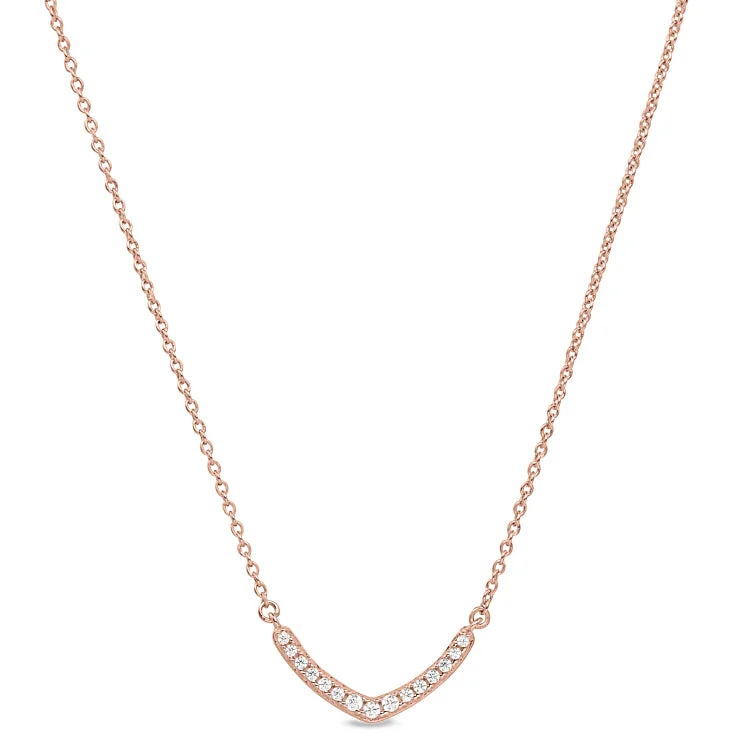 Ladies Necklaces with Engraved Glow-Rose Gold Finish Sterling Silver Micropave V Necklace with Simulated Diamonds on 16"-18" Adjustable Chain