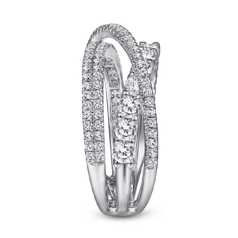 Ladies Rings with Diamond Spark-Gabriel & Co. - LR51499W45JJ - 14K White Gold Criss Crossing Layered Diamond Ring