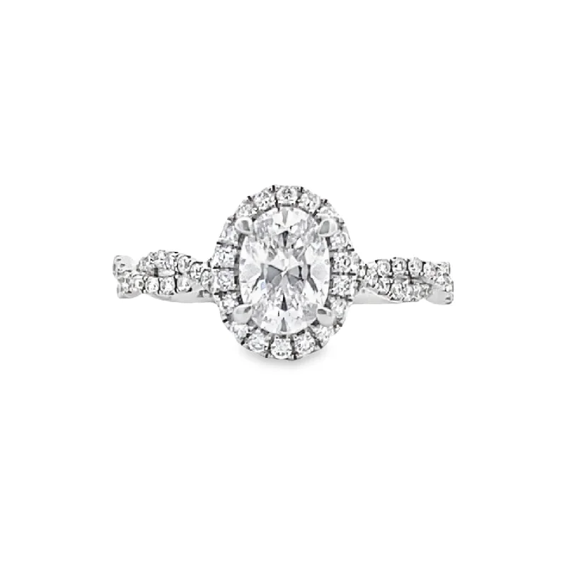 Ladies Straight Line Engagement Rings -Oval Diamond Halo Engagement Ring in White Gold by Fana