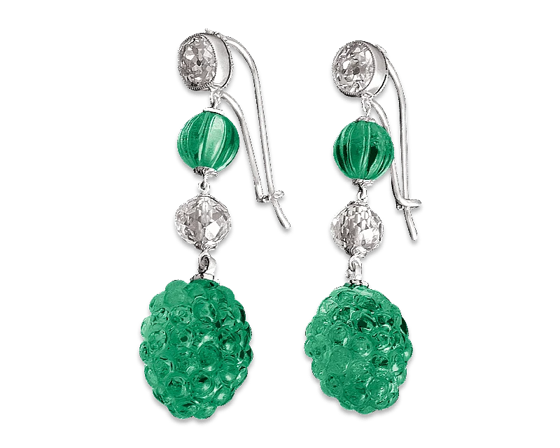 Ladies lightweight titanium earrings -Carved Colombian Emerald & Diamond Earrings, 19.17 Carats