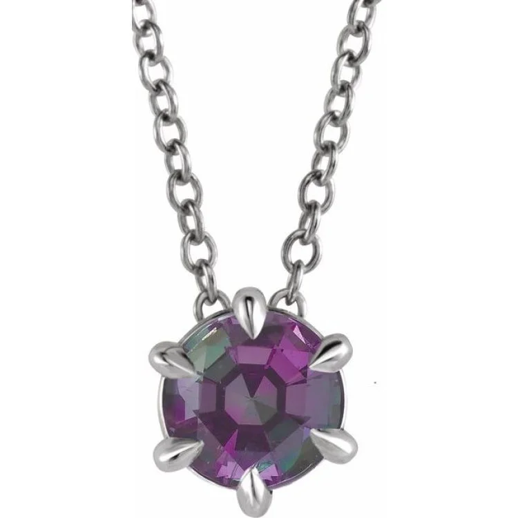 Ladies Necklaces with Jade Glow-Sterling Silver 6 mm Lab-Grown Alexandrite Solitaire 16-18" Necklace