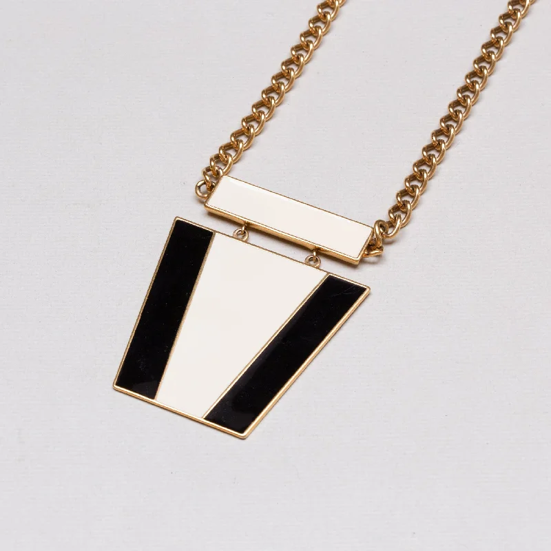 Ladies Necklaces with Grey Hematite-Vintage Monochrome Enamel Pendant Necklace with Gold Chain