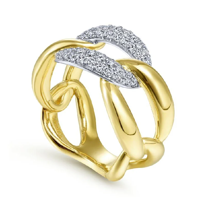 Ladies Rings in Warm Gold-Gabriel & Co. - LR51527M45JJ - 14K White-Yellow Gold Large Chain Link Diamond Station Ring