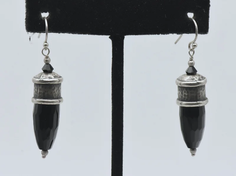 Ladies ornate chandelier earrings -Vintage Black Onyx Faceted Dangle Earrings