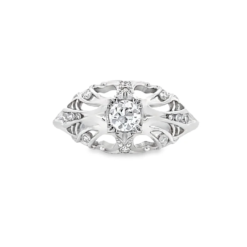 Ladies Soft Matte Engagement Rings -Old European Diamond Side Stone Engagement Ring in White Gold by B&C