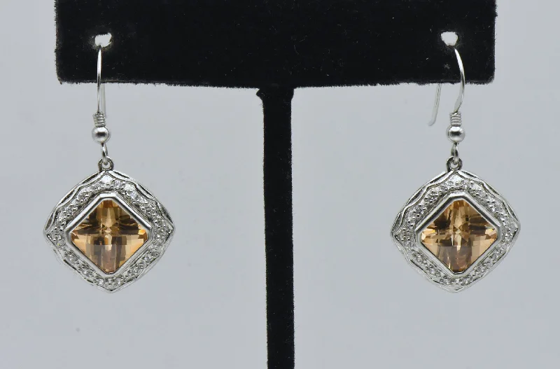 Ladies soft rose gold earrings -Vintage Sterling Silver Yellow and Colorless Cubic Zirconia Dangle Earrings