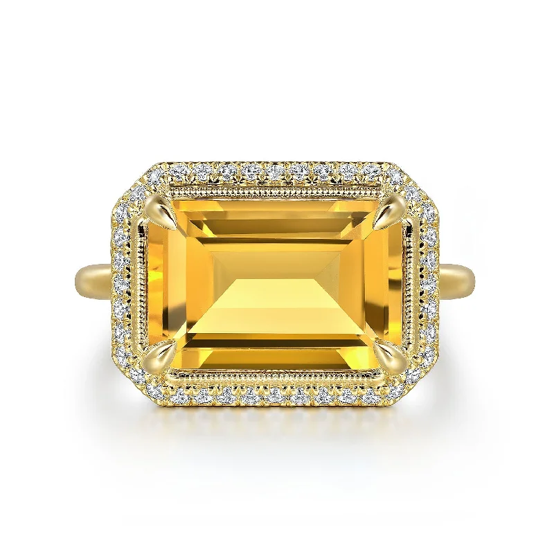 Ladies Rings with Purple Taaffeite-Citrine Emerald Cut Ladies Ring 14K Yellow Gold with Diamond Halo by Gabriel & Co. LR52481Y45CT