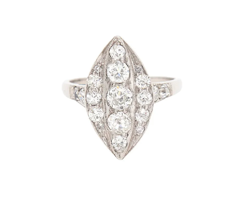 Ladies Rings with Spiral Spark-Vintage 1.00ctw Round Diamond Cluster Marquise Shaped Ring in Platinum