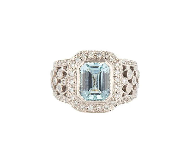 Ladies Rings for Science Shine-7.50ct Emerald Cut Aquamarine and 1.00ctw Diamond Frame Ring in 18K