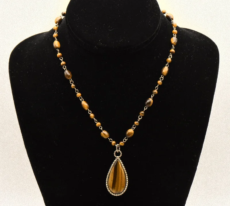 Ladies Necklaces Bold Shine-Vintage Tiger's Eye Pendant on Tiger's Eye Bead Station Necklace