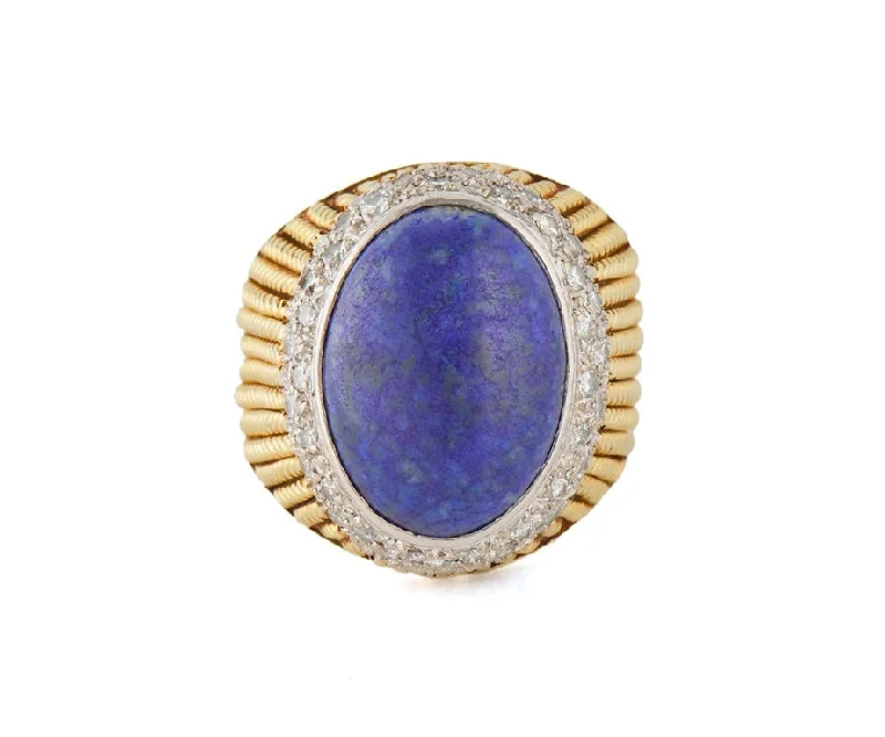 Ladies Rings with Cross Spark-Vintage Lapis Lazuli Cabochon and 0.20ctw Diamond Frame Domed Cocktail Ring 18K