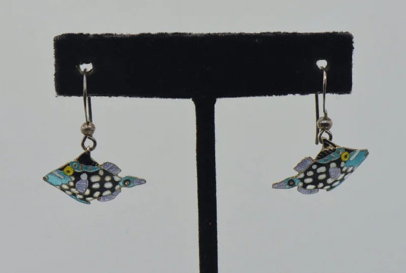 Ladies cosmic ripple earrings -Vintage Sterling Silver Tropical Fish Enameled Dangle Earrings