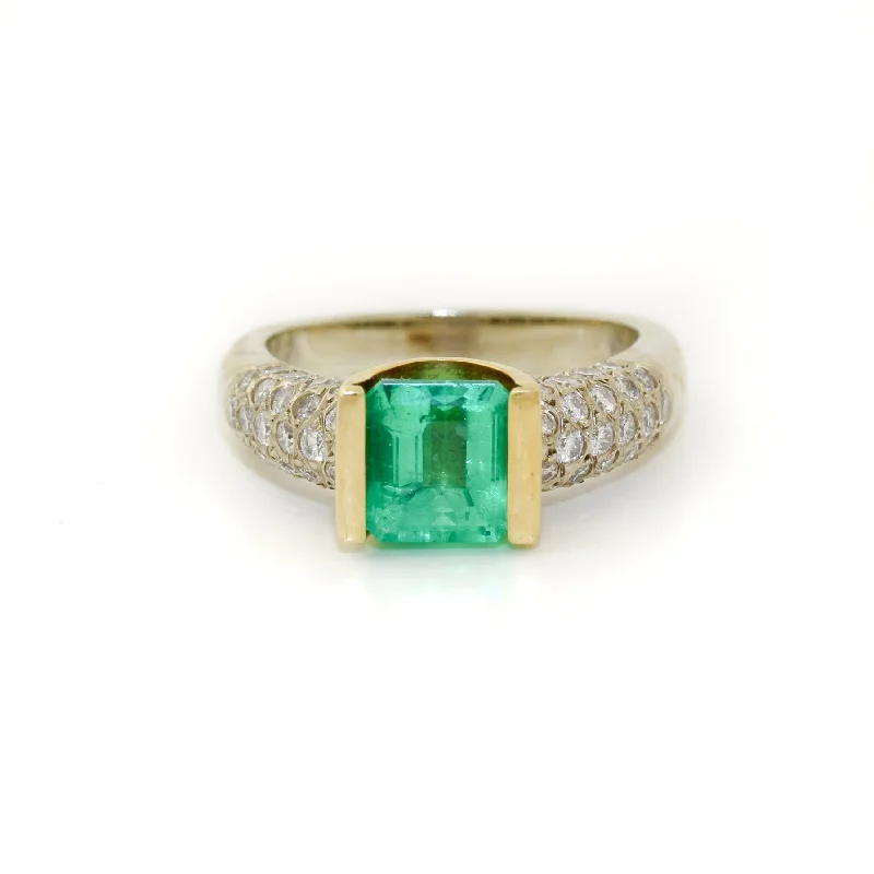 Ladies Infinite Loop Engagement Rings -Two-Tone 18k x 1.78 ct Princess-Cut Emerald & Diamond Cluster Engagement