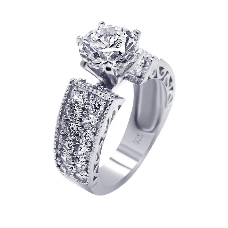 Ladies Organic Flow Engagement Rings -Silver 925 Rhodium Plated Pave Set Clear Round Center CZ Engagement Ring - AAR0081