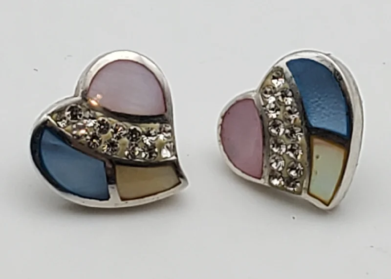 Ladies homestead glow earrings -Vintage Sterling Silver Mother of Pearl Enamel and Rhinestone Heart Stud Earrings