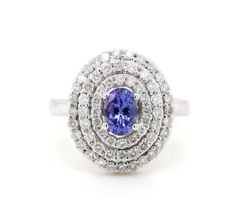 Ladies Rings Flex Spark-0.88ct Oval Tanzanite and 1.50ctw Diamond Triple Frame Ring in 14K