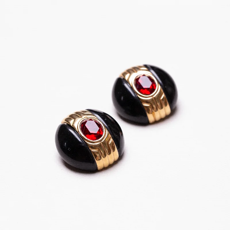 Ladies rose petal earrings -Vintage Givenchy Black Enamel and Red Stone Earrings