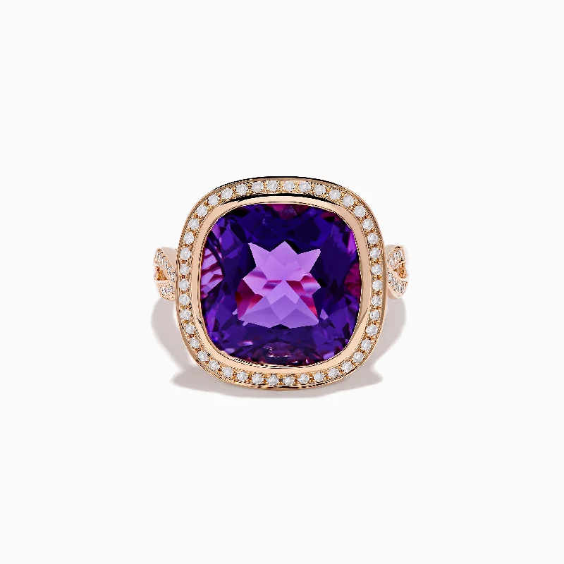 Ladies Rings with Rainbow Fluorite-14K Rose Gold Amethyst and Diamond Cocktail Ring