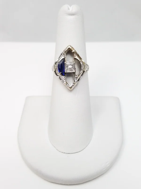 Ladies Stellar Glow Engagement Rings -To Restore: 1930s Art Deco 14k White Gold Natural Diamond Synthetic Sapphire Engagement Ring Mount