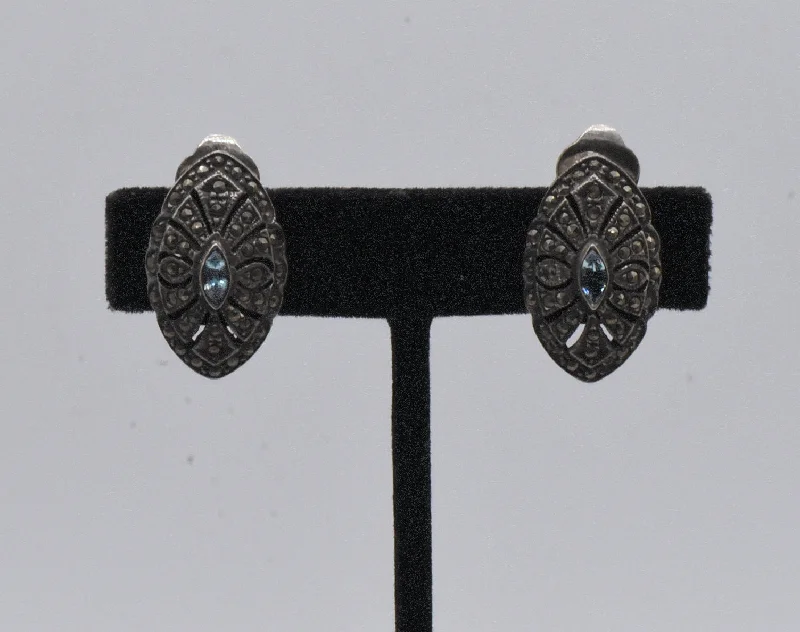 Ladies distinctive unique earrings -Vintage Sterling Silver Blue Topaz and Marcasite Art Deco Style Clip On Earrings