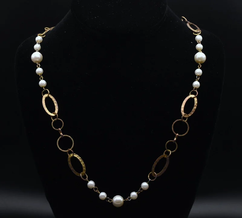 Ladies Necklaces with Lilac Iolite-Vintage Gold Tone Metal and Faux Pearl Chain Link Necklace - 28"