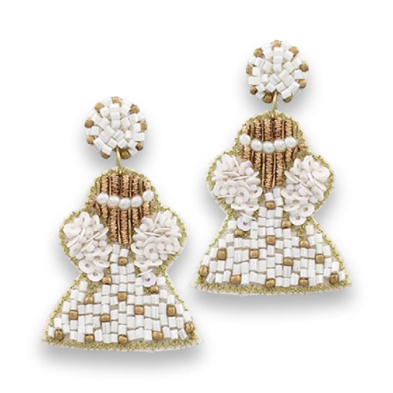 Ladies ancestral tribal earrings -Earrings - White Beaded Angel Earrings