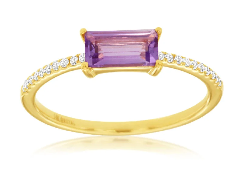 Ladies Rings Handmade Spark-14K Yellow Gold Emerald Cut Amethyst Diamond Ring