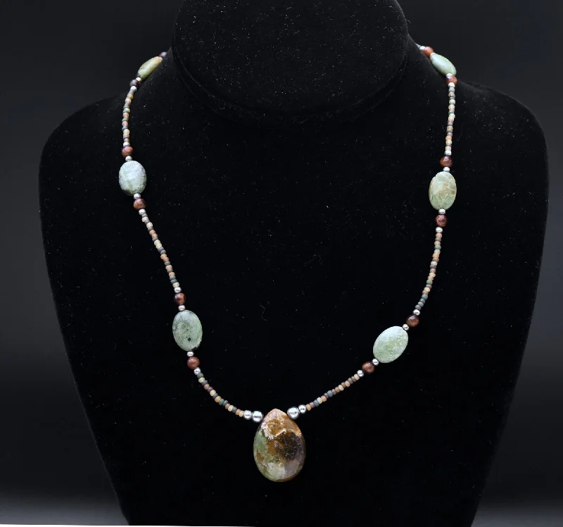 Ladies Necklaces Wave Shine-Green Jasper and Tiger's Eye Beaded Necklace - 18"