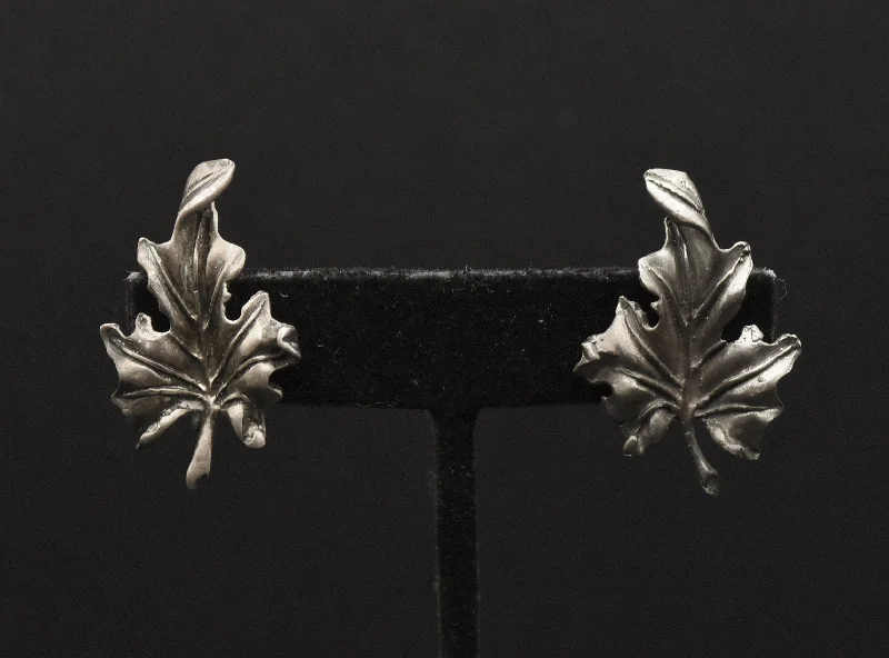 Ladies featherlight minimal earrings -Vintage Sterling Silver Leaf Screw Back Earrings