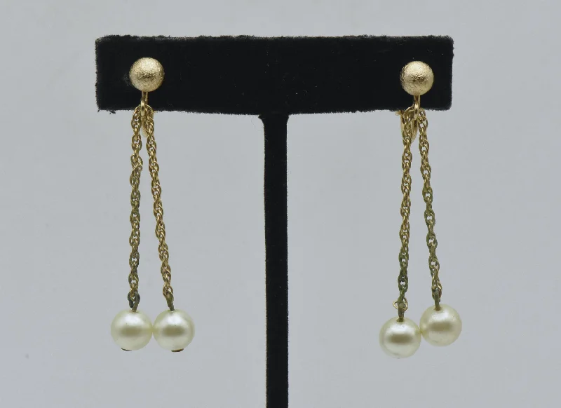 Ladies versatile drop earrings -Napier - Vintage Faux Pearl and Gold Tone Clip On Dangle Earrings