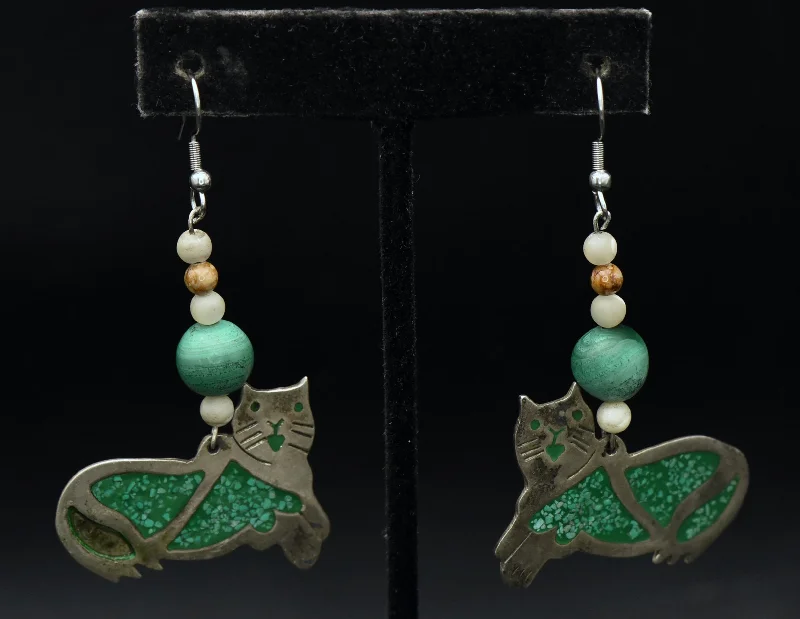 Ladies subtle grace earrings -Vintage Handmade Alpaca and Malachite Cat Earrings